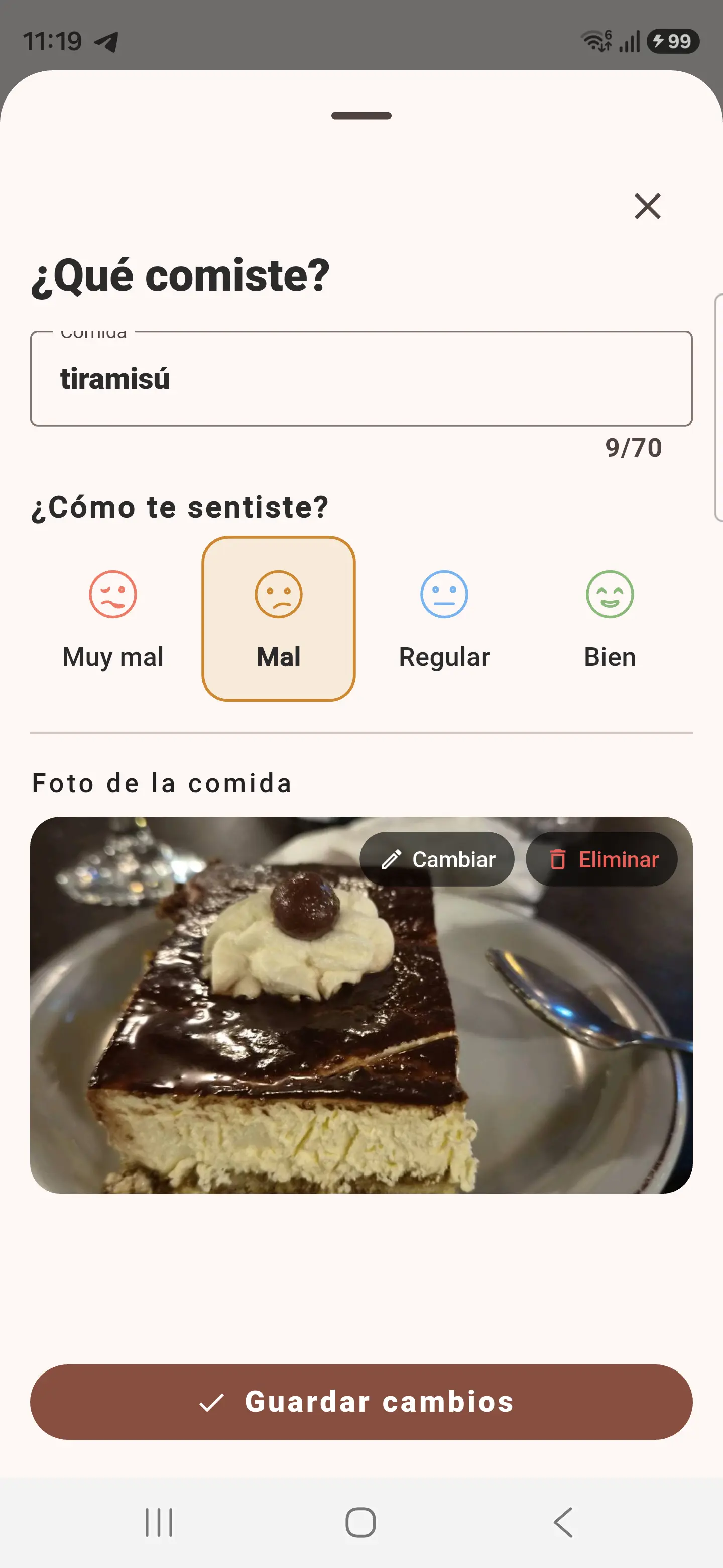 Pantalla de la app móvil de Mapple para registrar una comida, el estado de ánimo y una foto